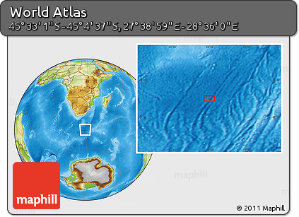 Physical Location Map of the Area around 45° 18' 49" S, 28° 7' 30" E