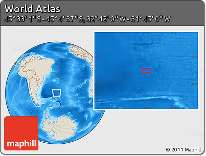 Shaded Relief Location Map of the Area around 45° 18' 49" S, 32° 13' 30" W