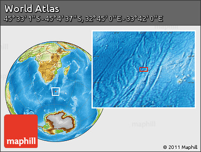 Physical Location Map of the Area around 45° 18' 49" S, 33° 13' 30" E