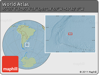 Savanna Style Location Map of the Area around 45° 18' 49" S, 55° 10' 29" W, hill shading