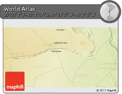 Physical 3D Map of the Area around 45° 18' 49" S, 70° 28' 29" W