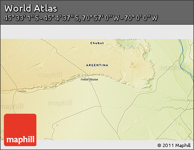 Physical 3D Map of the Area around 45° 18' 49" S, 70° 28' 29" W