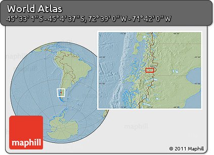 Savanna Style Location Map of the Area around 45° 18' 49" S, 72° 10' 30" W, hill shading