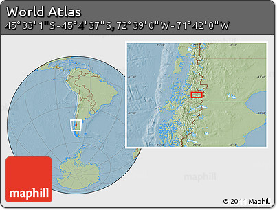 Savanna Style Location Map of the Area around 45° 18' 49" S, 72° 10' 30" W, hill shading