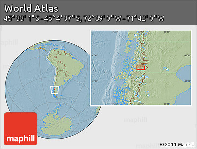Savanna Style Location Map of the Area around 45° 18' 49" S, 72° 10' 30" W, hill shading