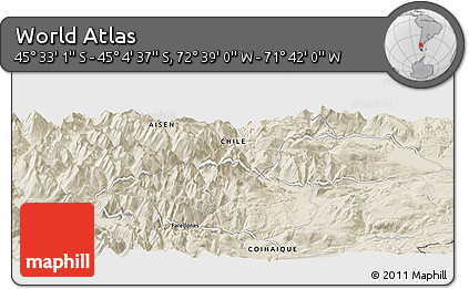 Shaded Relief Panoramic Map of the Area around 45° 18' 49" S, 72° 10' 30" W