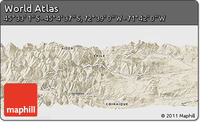 Shaded Relief Panoramic Map of the Area around 45° 18' 49" S, 72° 10' 30" W