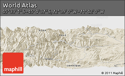 Shaded Relief Panoramic Map of the Area around 45° 18' 49" S, 72° 10' 30" W