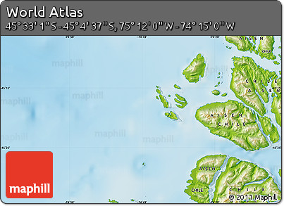 Physical Map of the Area around 45° 18' 49" S, 74° 43' 29" W