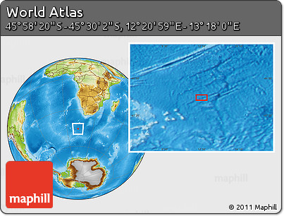 Physical Location Map of the Area around 45° 44' 11" S, 12° 49' 29" E