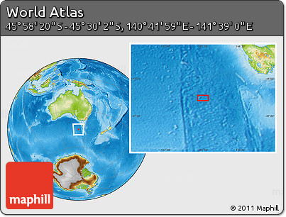 Physical Location Map of the Area around 45° 44' 11" S, 141° 10' 30" E