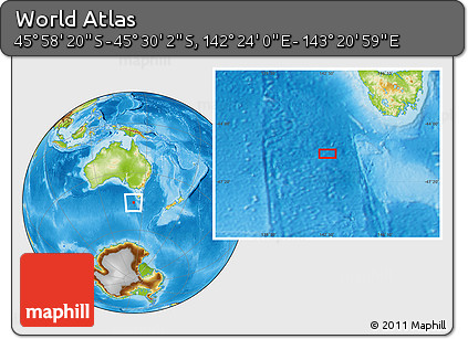Physical Location Map of the Area around 45° 44' 11" S, 142° 52' 30" E