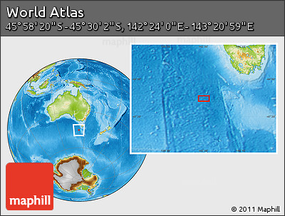 Physical Location Map of the Area around 45° 44' 11" S, 142° 52' 30" E
