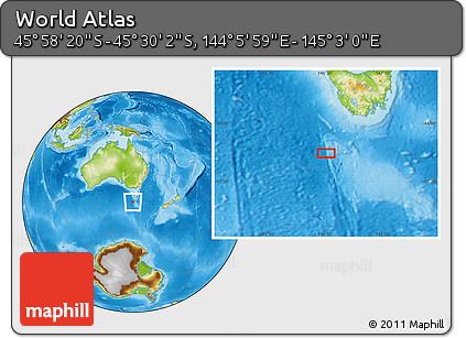 Physical Location Map of the Area around 45° 44' 11" S, 144° 34' 29" E