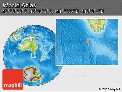 Physical Location Map of the Area around 45° 44' 11" S, 144° 34' 29" E