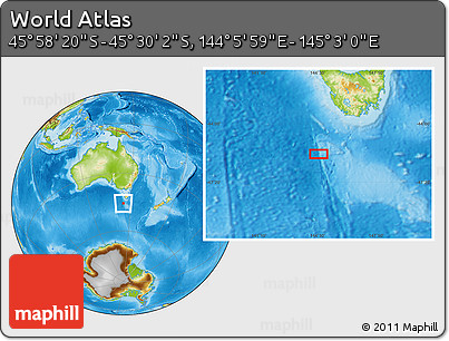 Physical Location Map of the Area around 45° 44' 11" S, 144° 34' 29" E