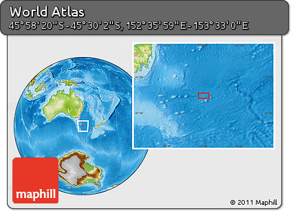 Physical Location Map of the Area around 45° 44' 11" S, 153° 4' 29" E
