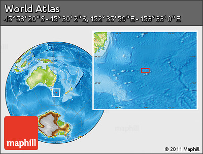 Physical Location Map of the Area around 45° 44' 11" S, 153° 4' 29" E