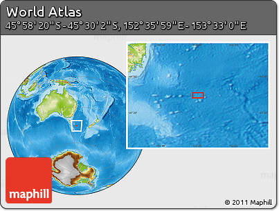 Physical Location Map of the Area around 45° 44' 11" S, 153° 4' 29" E