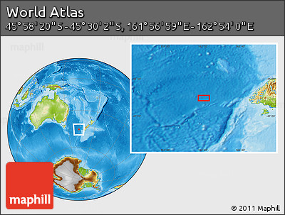 Physical Location Map of the Area around 45° 44' 11" S, 162° 25' 30" E