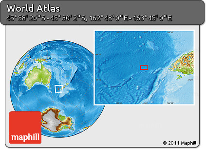 Physical Location Map of the Area around 45° 44' 11" S, 163° 16' 30" E