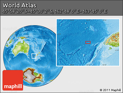 Physical Location Map of the Area around 45° 44' 11" S, 163° 16' 30" E