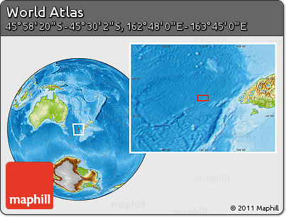 Physical Location Map of the Area around 45° 44' 11" S, 163° 16' 30" E
