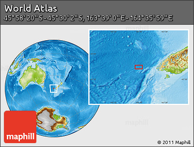 Physical Location Map of the Area around 45° 44' 11" S, 164° 7' 30" E