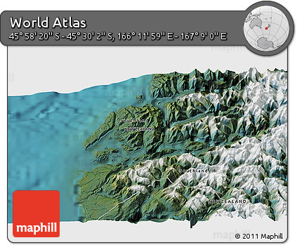 Satellite 3D Map of the Area around 45° 44' 11" S, 166° 40' 30" E