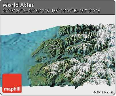 Satellite 3D Map of the Area around 45° 44' 11" S, 166° 40' 30" E