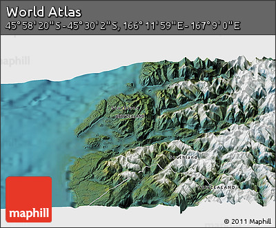 Satellite 3D Map of the Area around 45° 44' 11" S, 166° 40' 30" E