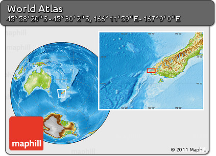 Physical Location Map of the Area around 45° 44' 11" S, 166° 40' 30" E