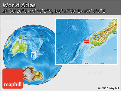 Physical Location Map of the Area around 45° 44' 11" S, 166° 40' 30" E
