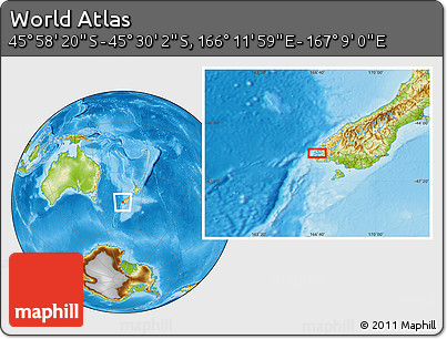 Physical Location Map of the Area around 45° 44' 11" S, 166° 40' 30" E