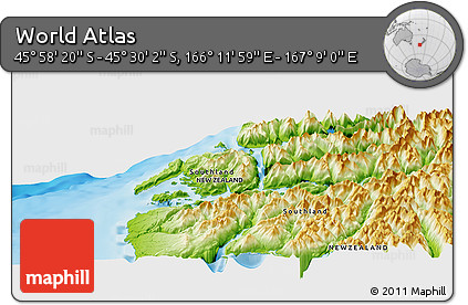 Physical Panoramic Map of the Area around 45° 44' 11" S, 166° 40' 30" E