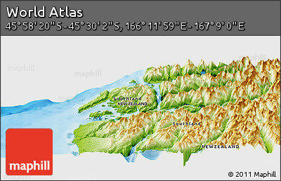 Physical Panoramic Map of the Area around 45° 44' 11" S, 166° 40' 30" E