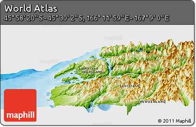Physical Panoramic Map of the Area around 45° 44' 11" S, 166° 40' 30" E