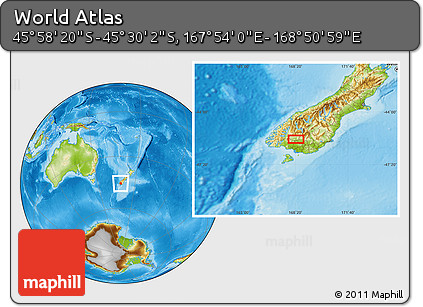 Physical Location Map of the Area around 45° 44' 11" S, 168° 22' 30" E