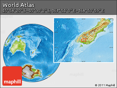 Physical Location Map of the Area around 45° 44' 11" S, 168° 22' 30" E
