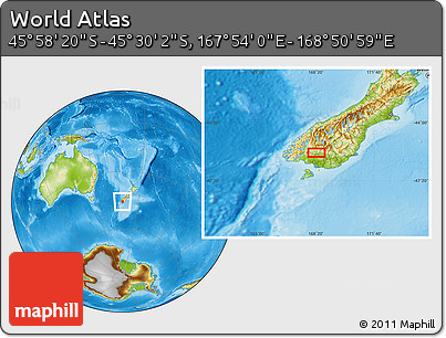 Physical Location Map of the Area around 45° 44' 11" S, 168° 22' 30" E