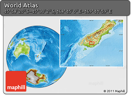 Physical Location Map of the Area around 45° 44' 11" S, 169° 13' 29" E