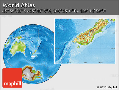 Physical Location Map of the Area around 45° 44' 11" S, 169° 13' 29" E