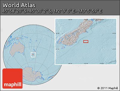 Gray Location Map of the Area around 45° 44' 11" S, 172° 37' 30" E, hill shading