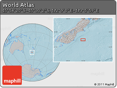 Gray Location Map of the Area around 45° 44' 11" S, 172° 37' 30" E, hill shading