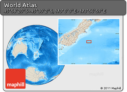 Shaded Relief Location Map of the Area around 45° 44' 11" S, 173° 28' 29" E