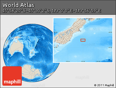 Shaded Relief Location Map of the Area around 45° 44' 11" S, 173° 28' 29" E