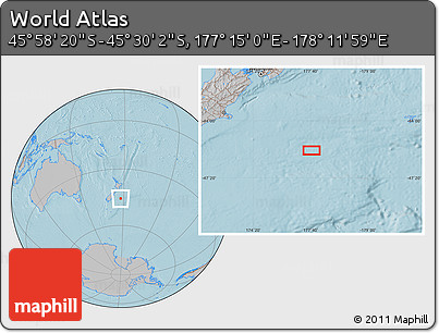 Gray Location Map of the Area around 45° 44' 11" S, 177° 43' 29" E, hill shading
