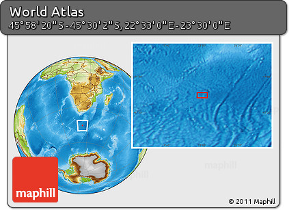 Physical Location Map of the Area around 45° 44' 11" S, 23° 1' 29" E