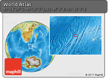 Physical Location Map of the Area around 45° 44' 11" S, 33° 13' 30" E