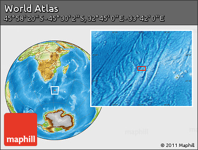 Physical Location Map of the Area around 45° 44' 11" S, 33° 13' 30" E